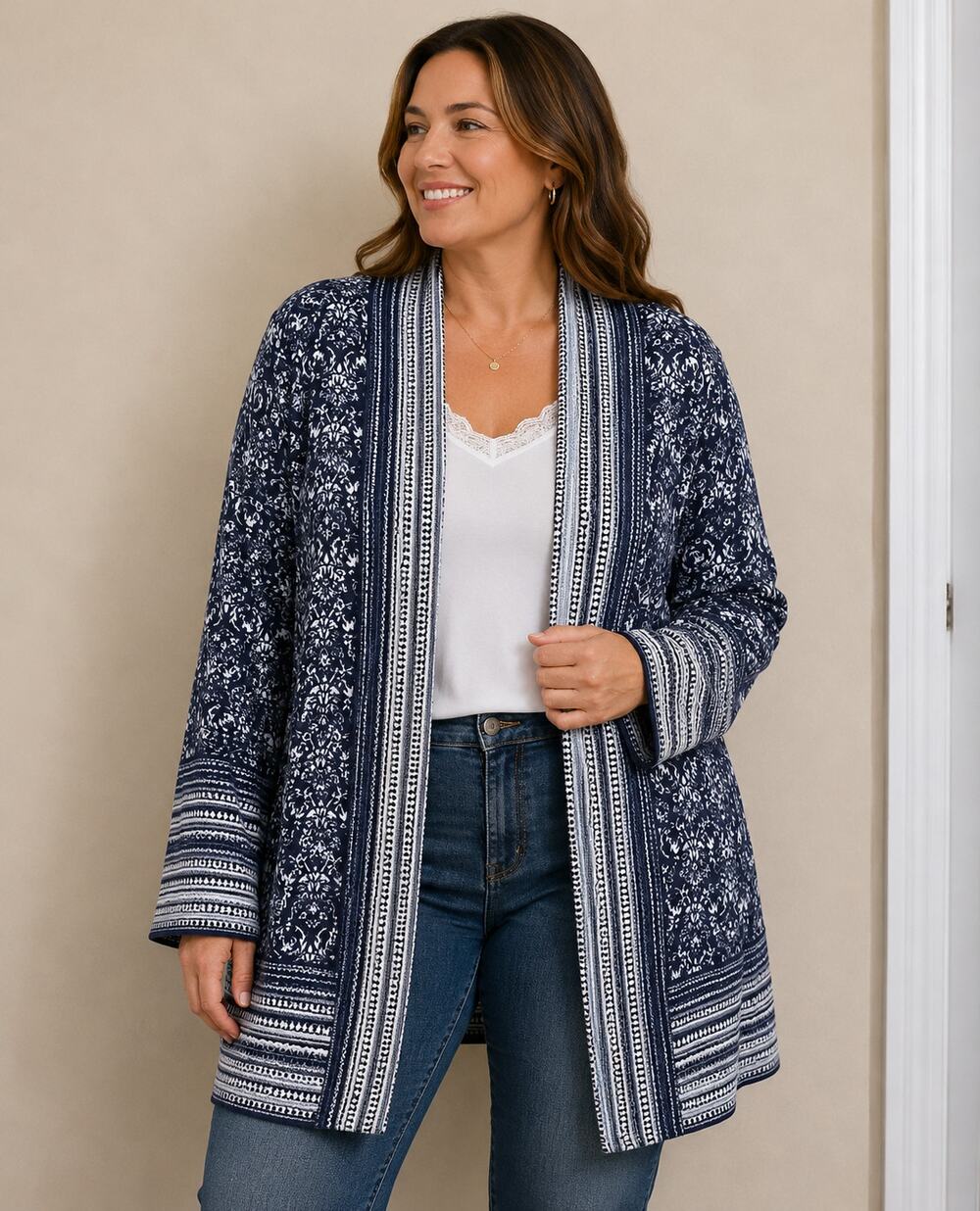 Dalia Plus Size Open Front Cardigan 1X Blue White Boho Duster Lightweight Layer